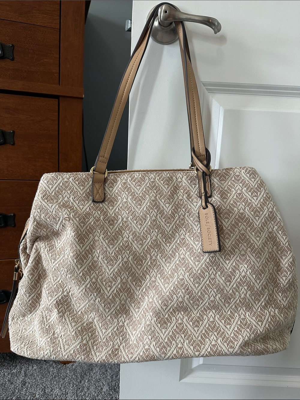 Sole Society Beige Patterned Tote with Tan Straps